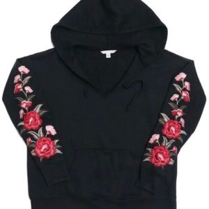 American Eagle Black Floral Embroidered Hoodie Sweatshirt Size Large
